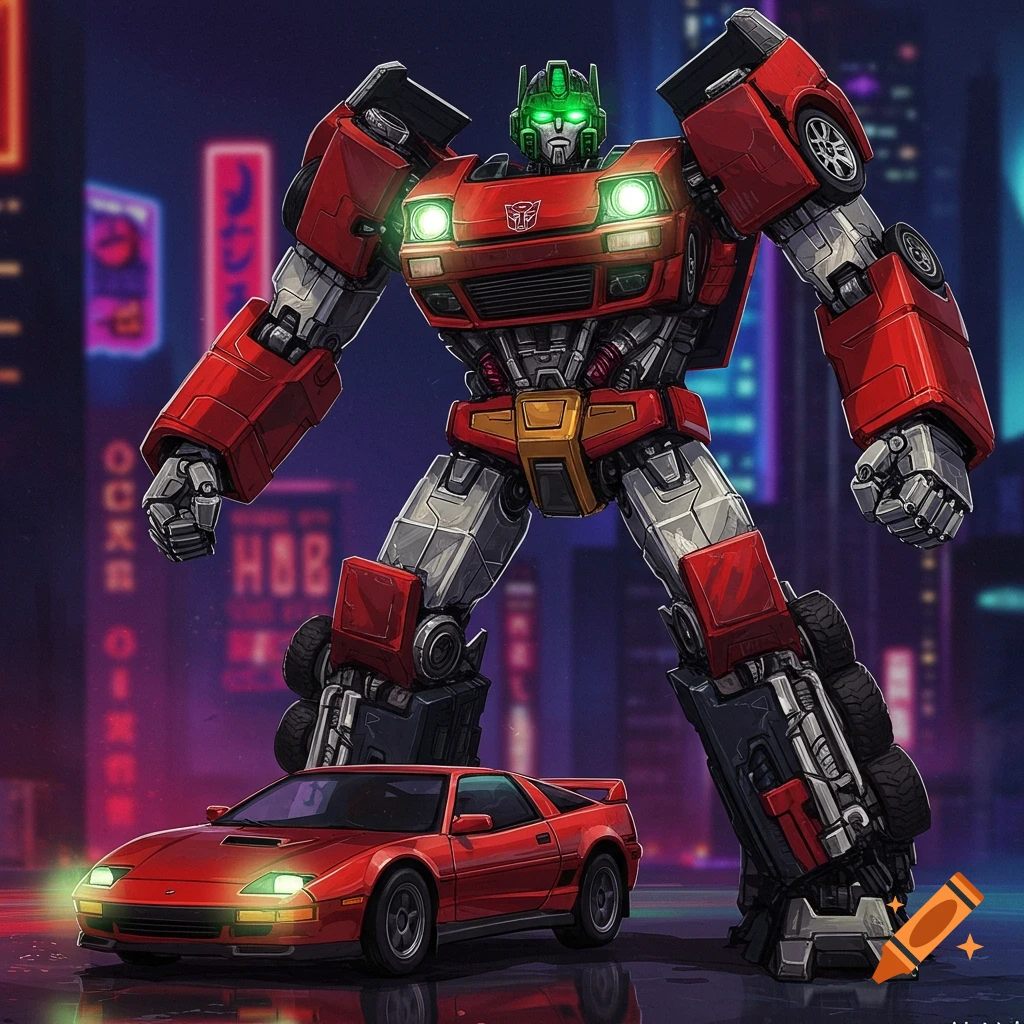 A red Transformer robot standing over a matching red sports car in a neon-lit city at night, in a detailed comic book style.