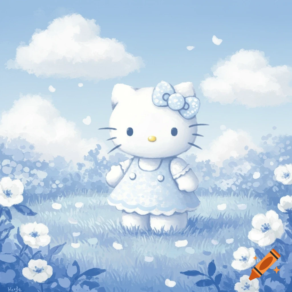 Hello Kitty in a blue and white field of flowers under a cloudy sky, in a soft watercolor style.