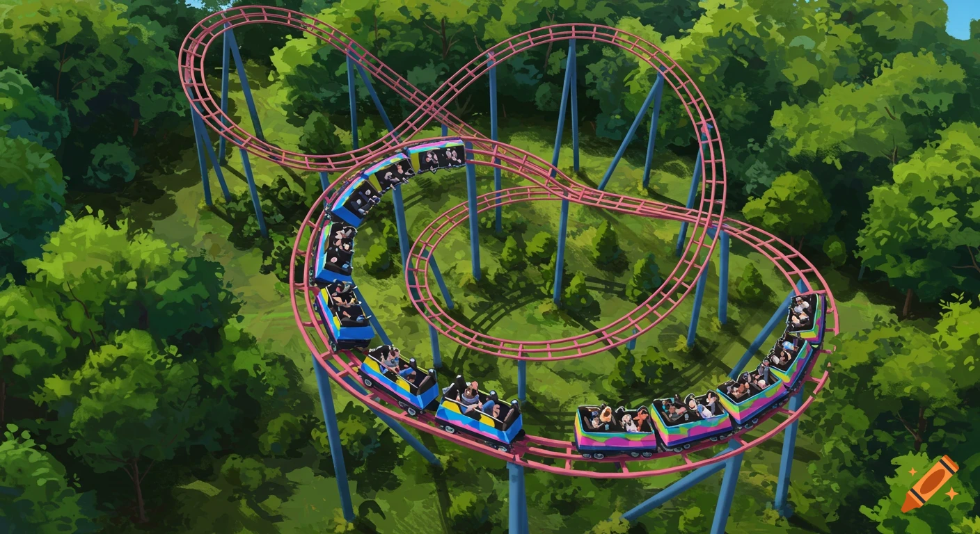 A top-down view of a pink rollercoaster with blue supports, winding through green trees, with colorful cars full of people.