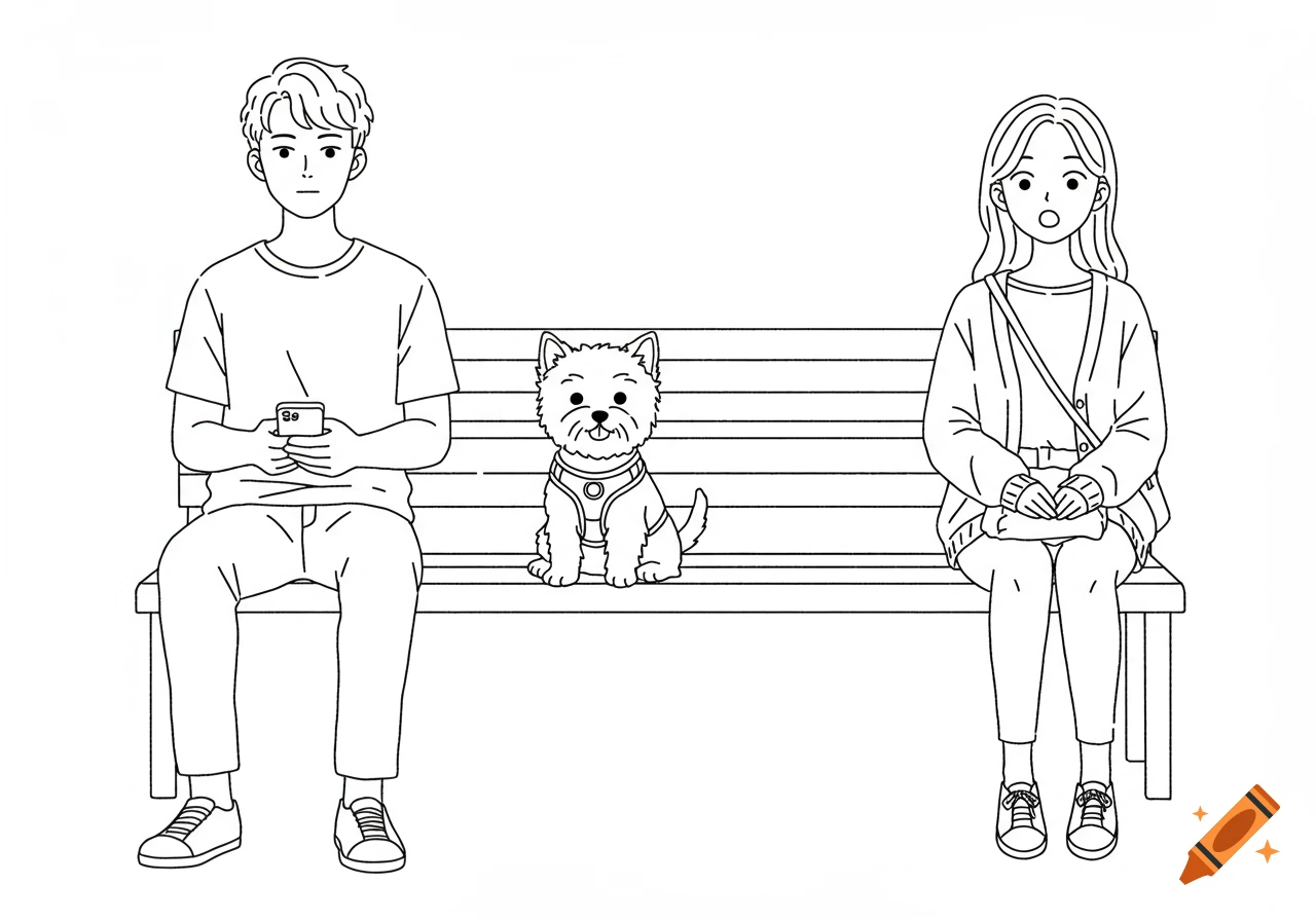 Black line art illustration of a man, a dog, and a woman sitting spaced out on a bench.