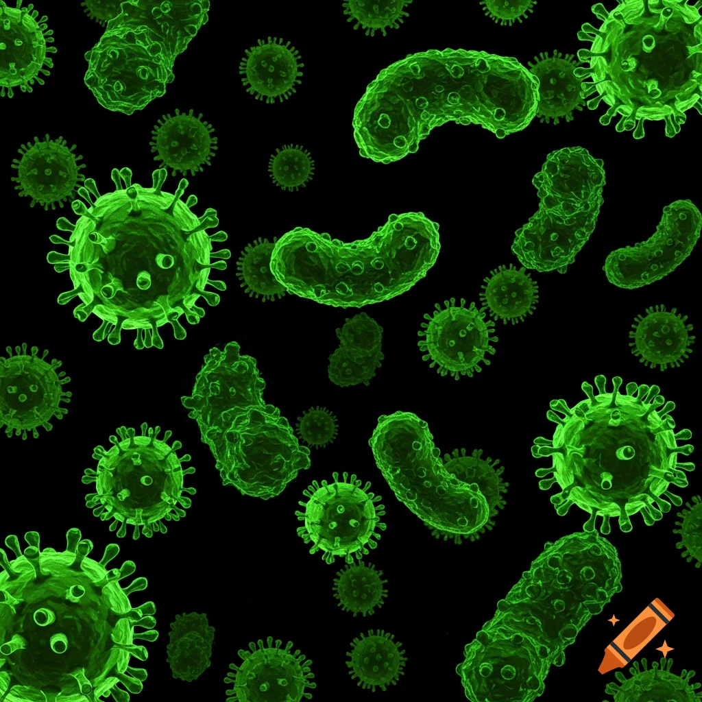 Numerous green microscopic viruses or bacteria float against a dark black background.