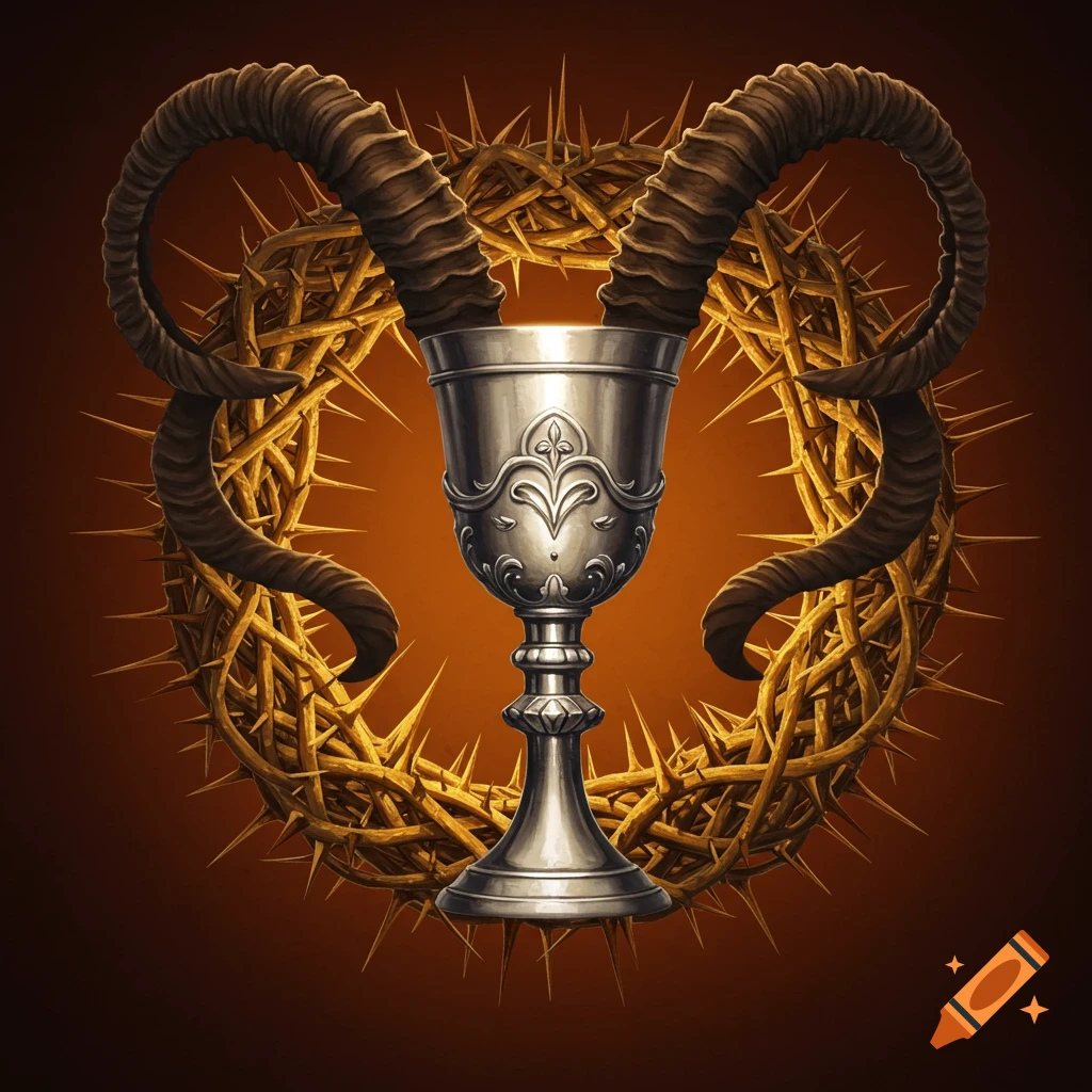 A silver goblet adorned with a gothic design, flanked by brown goat horns, sits within a golden crown of thorns.