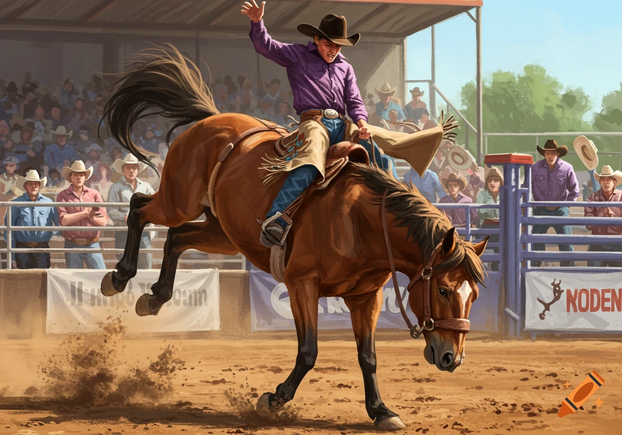 An illustration of a young man riding a bucking brown horse at a rodeo arena, surrounded by a crowd.