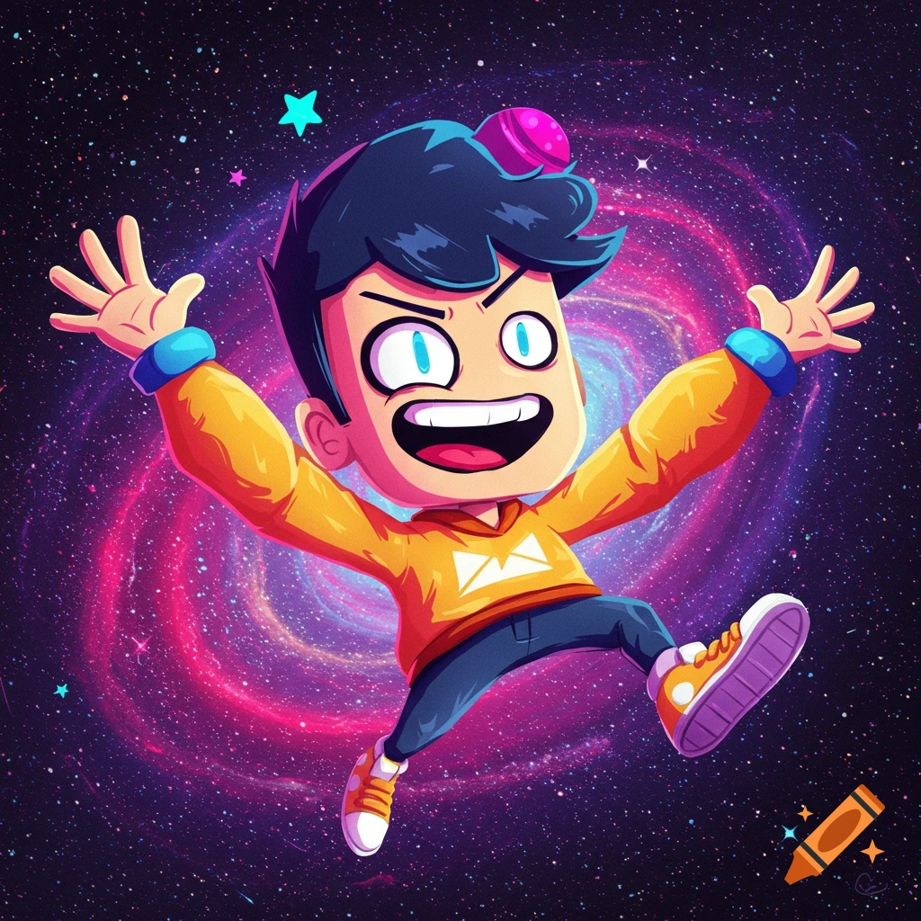 A cartoon boy with a wide smile and outstretched arms floats in a vibrant purple and pink galaxy, wearing an orange hoodie.