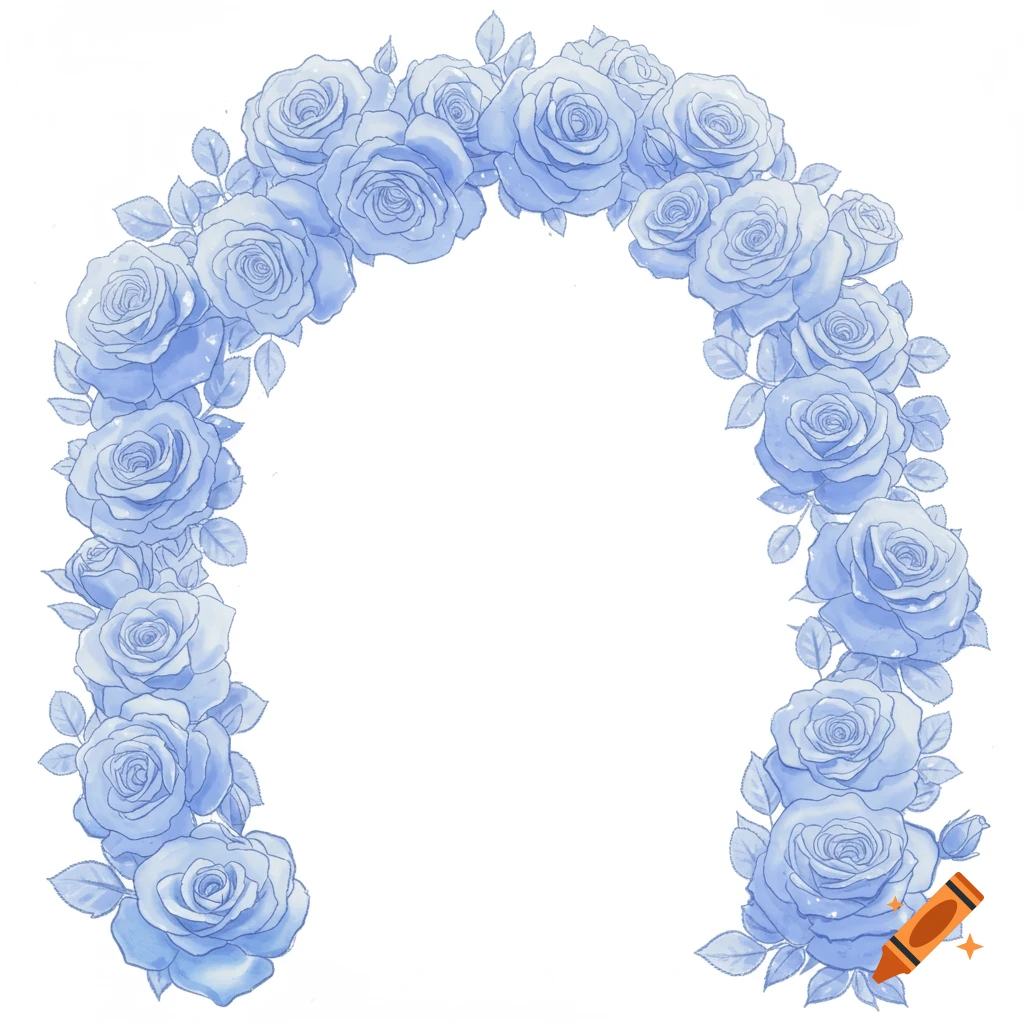 A watercolor illustration of an arch made of light blue roses and leaves on a white background.