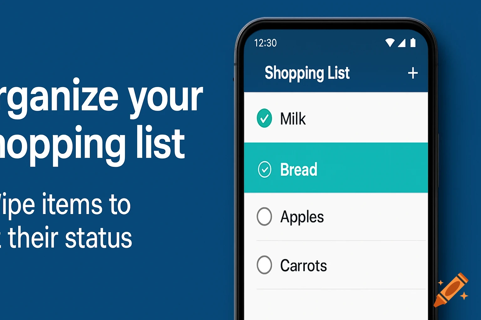A smartphone displays a shopping list app with checked and unchecked items, next to a slogan about organizing a shopping list.