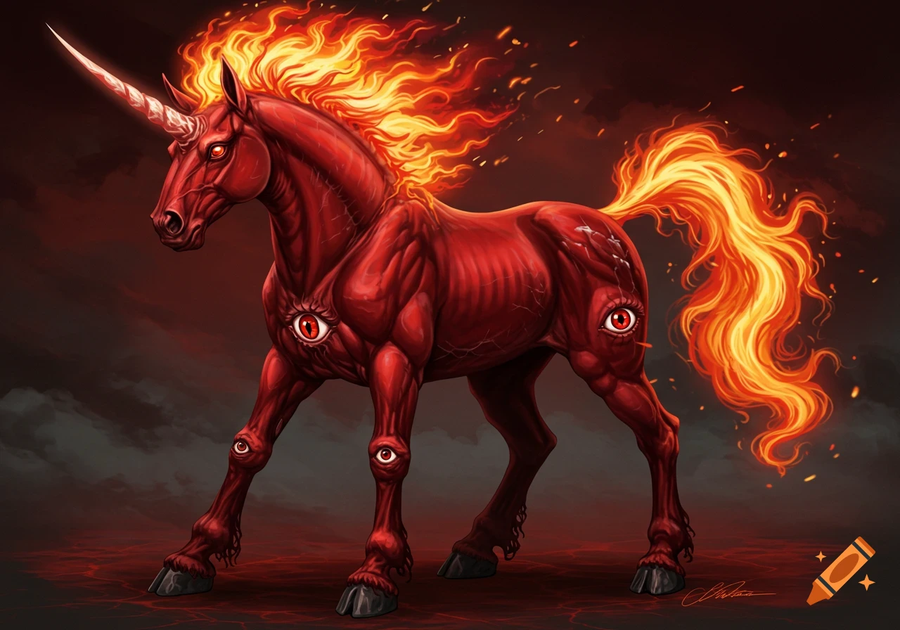 A monstrous, blood-red unicorn with a fiery mane and tail, a white horn, and multiple glowing red eyes on its body and legs, standing in a dark, fiery landscape.