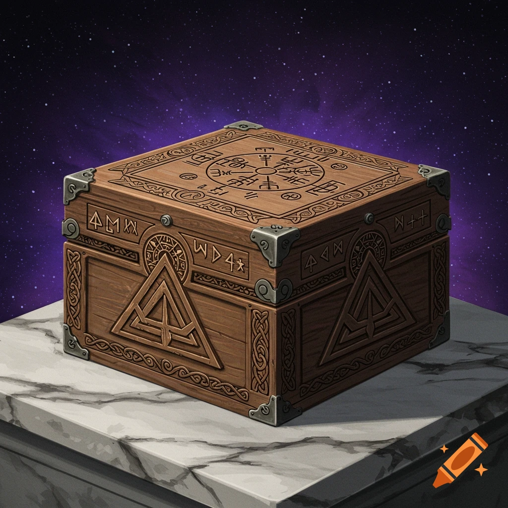 A wooden box with intricate carvings of mystic symbols and a valknut sits on a marble pedestal, set against a starry purple background.