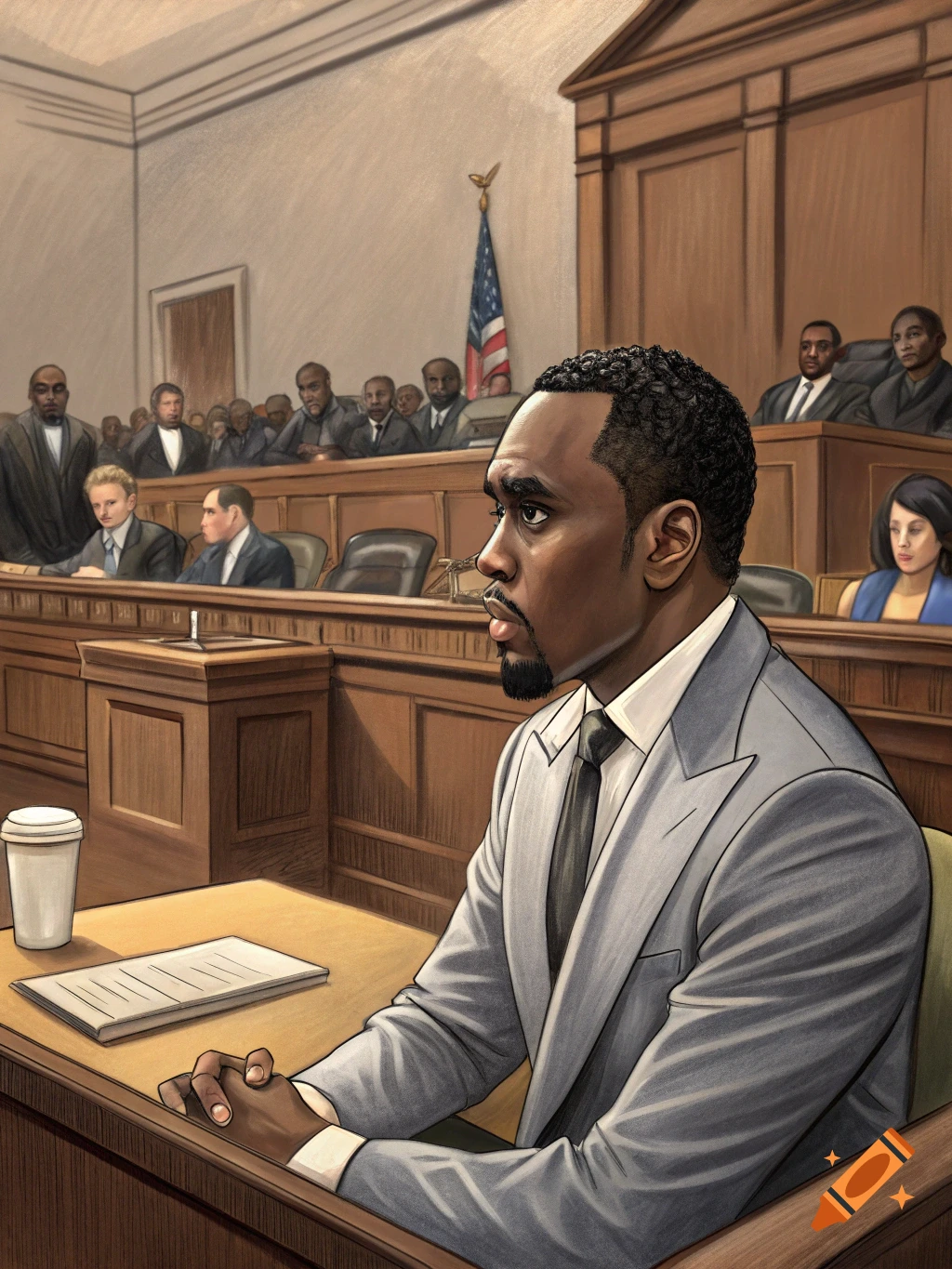 Illustration of a man resembling P Diddy sitting in a courtroom, looking to the side with other people in the background.