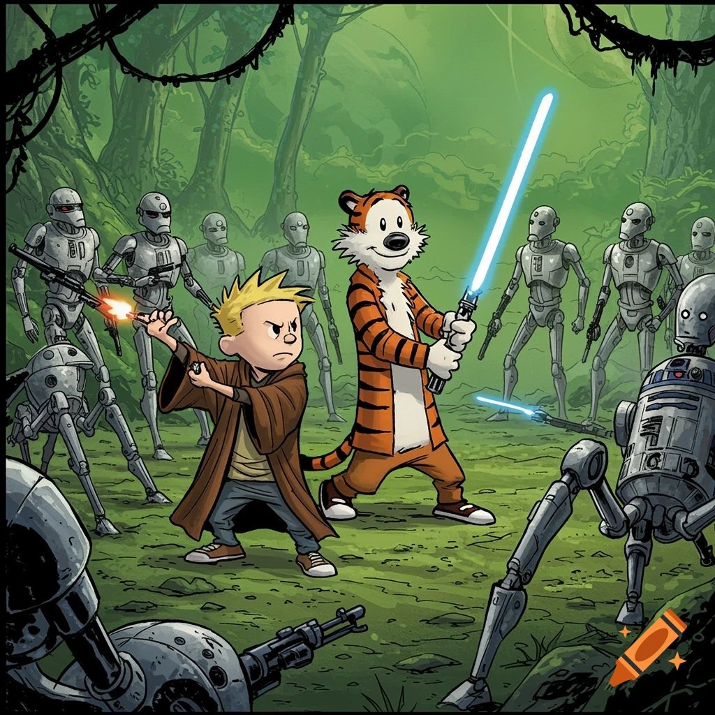 Calvin and Hobbes dressed as Jedi, with Calvin wielding a blaster and Hobbes a lightsaber, surrounded by battle droids in a lush jungle.