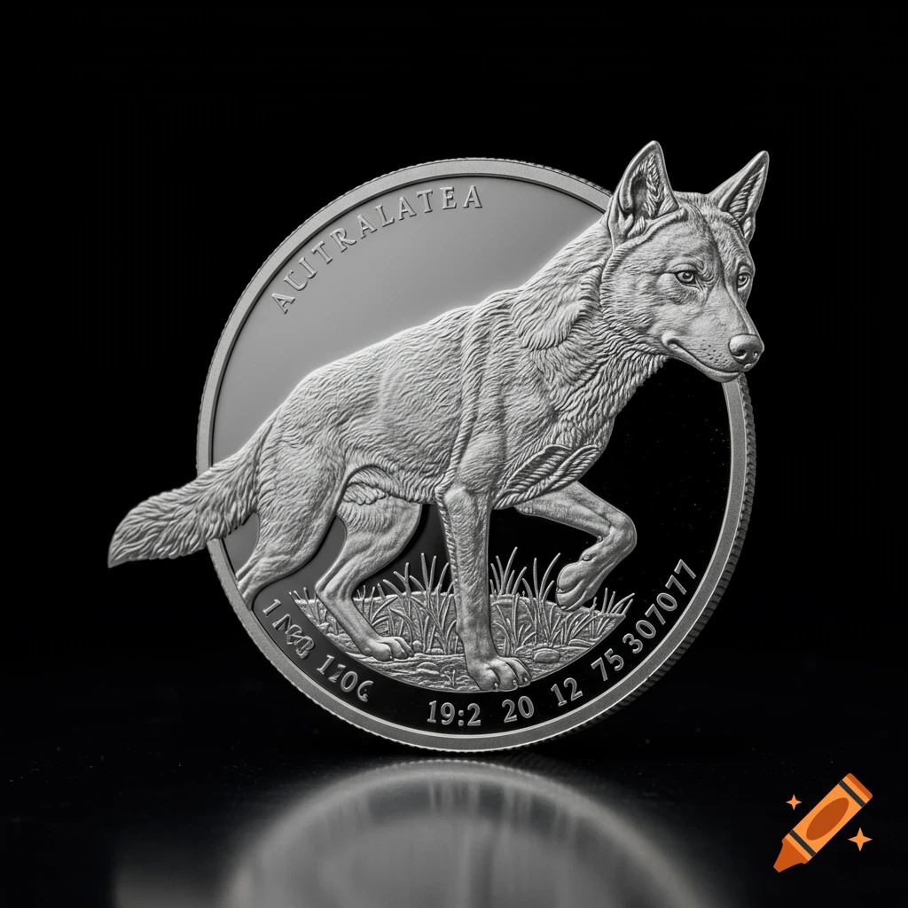 A close-up of a silver coin featuring a dingo walking on grass, with text along the top and bottom edges, set against a black background with a subtle reflection.
