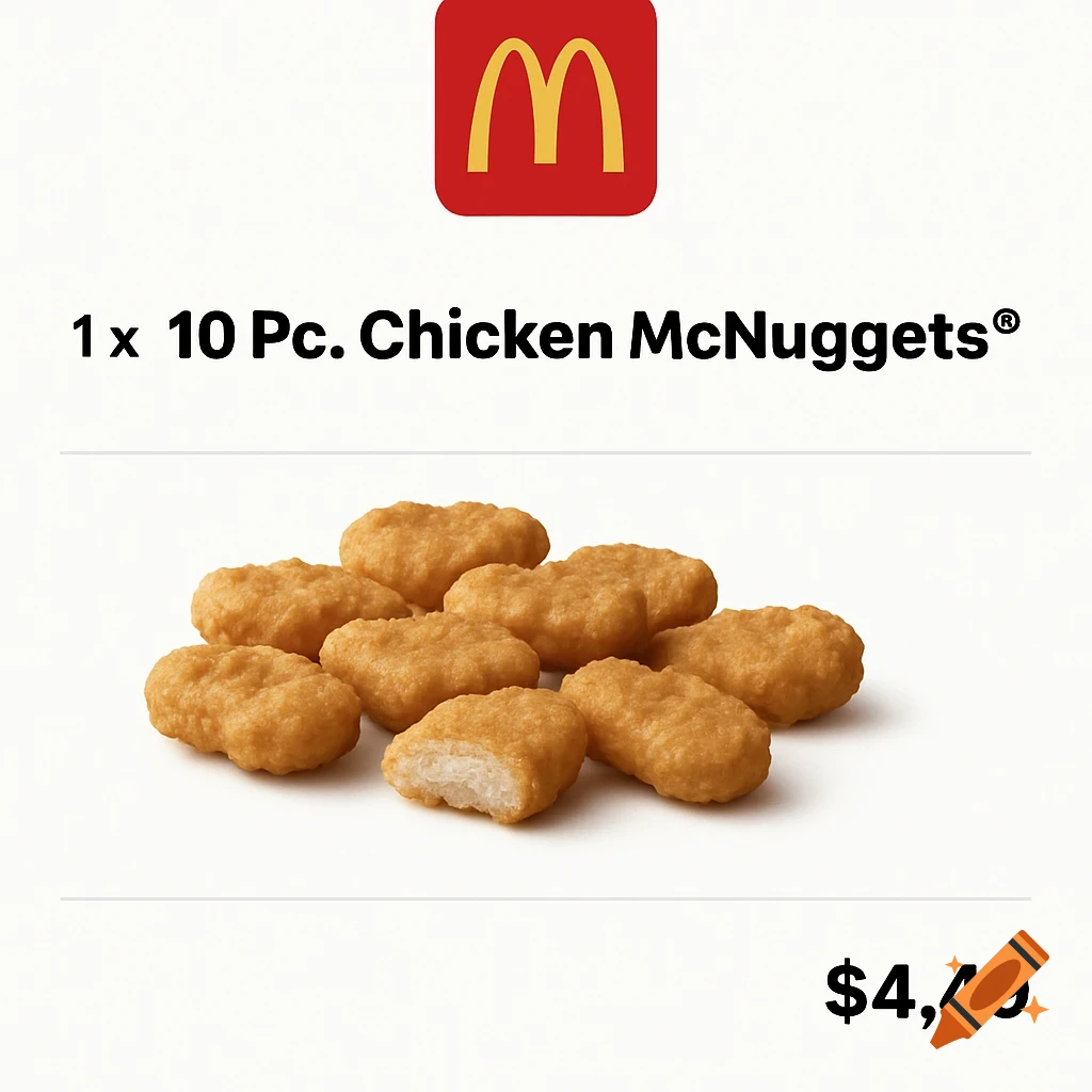 A McDonald's order screen showing 10 Chicken McNuggets for $4.49, with the McDonald's logo.