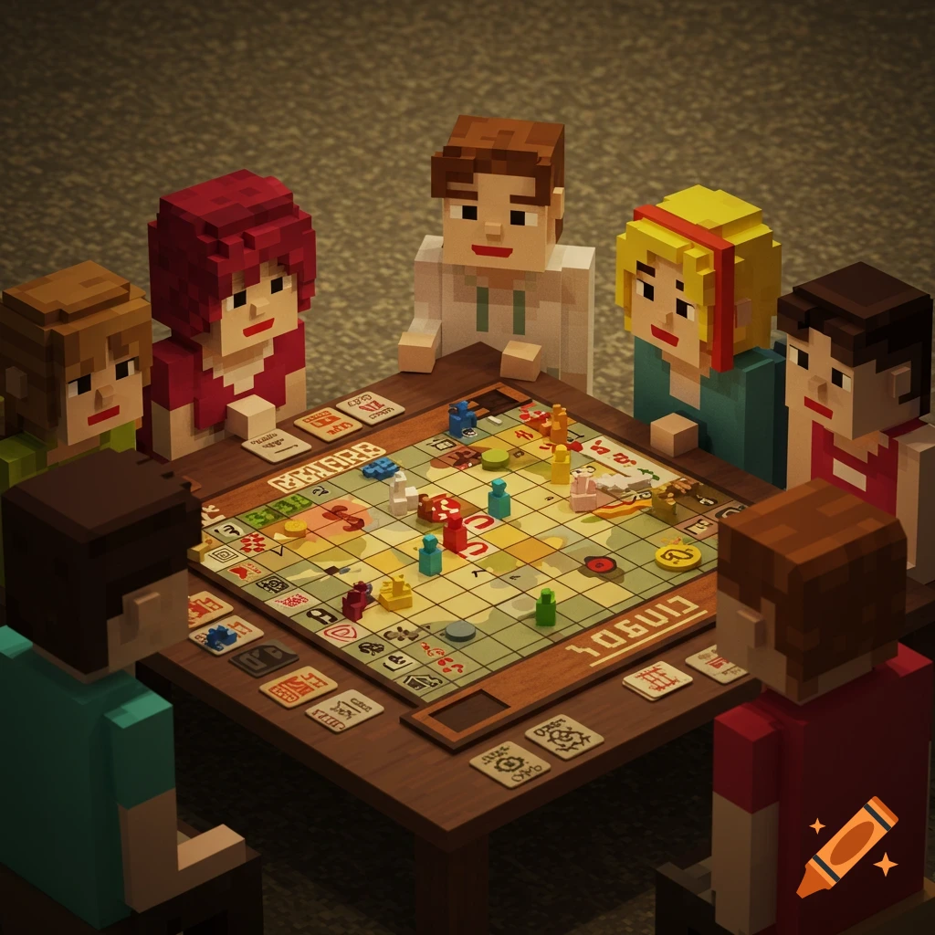 Six blocky, pixelated characters playing a board game on a wooden table in a retro style.