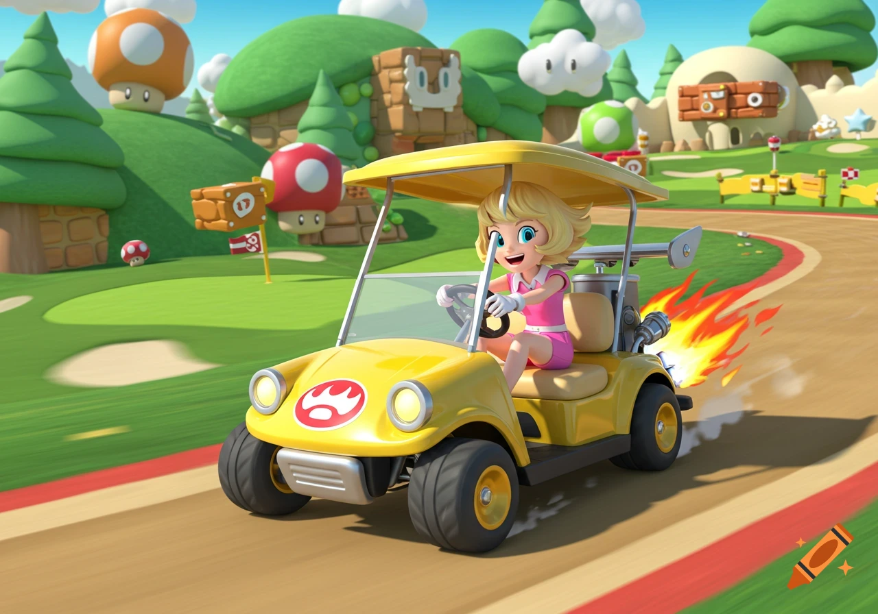 A cheerful cartoon woman with short blonde hair in a pink outfit drives a yellow golf cart on a vibrant green racing track in a whimsical world with giant mushrooms.