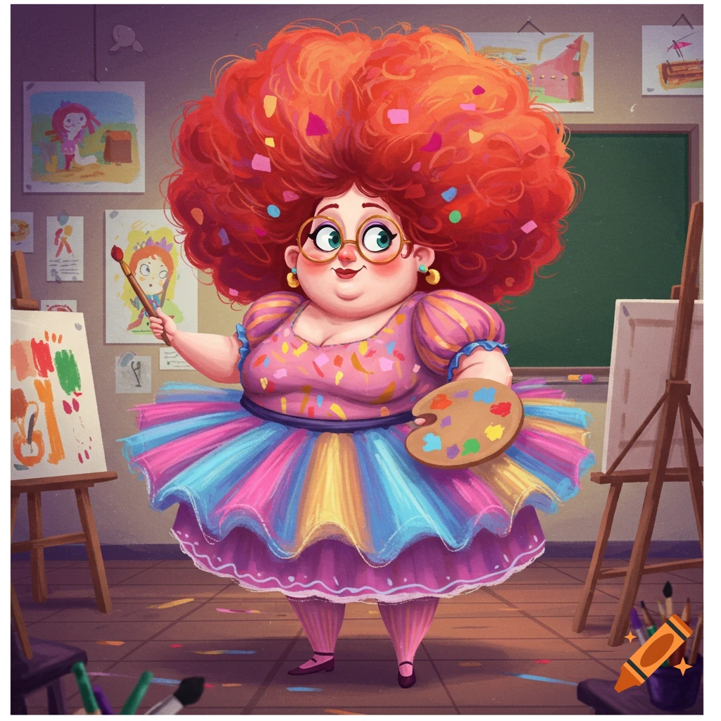 A whimsical, plump art teacher with huge red curly hair, glasses, and a vibrant rainbow tutu dress.
