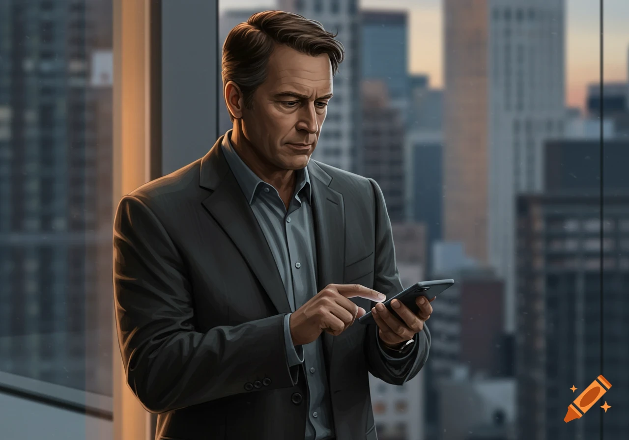 A serious man in a dark suit looks at his smartphone by a large window with a cityscape outside.