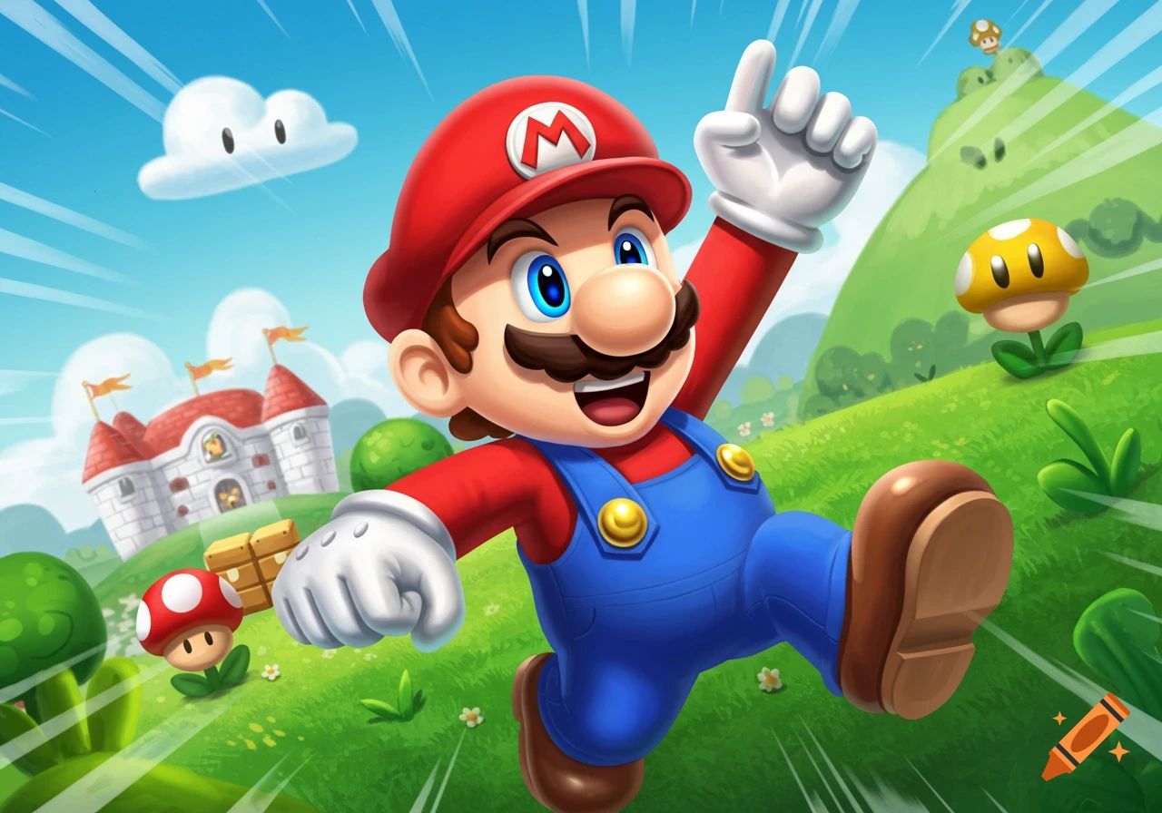 Cartoon illustration of Mario jumping and pointing up in a bright, colorful landscape with a castle and mushrooms.