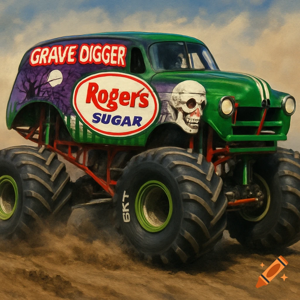 A green and purple Grave Digger monster truck with Roger's Sugar branding on its side, kicking up dirt on an off-road track.