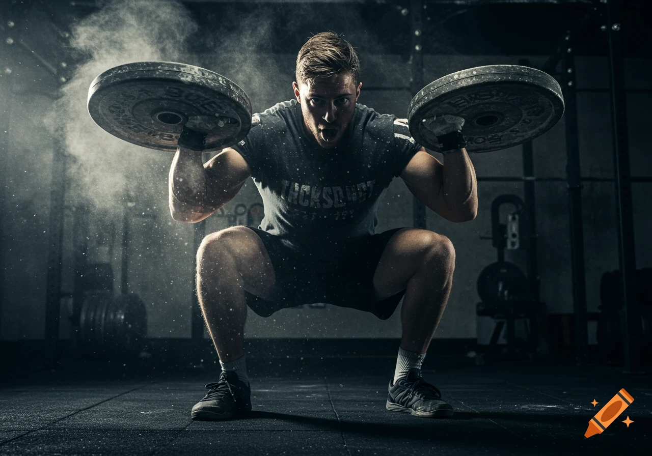 Muscular man in a deep squat, holding heavy weight plates in a gritty, dimly lit gym with chalk dust in the air.