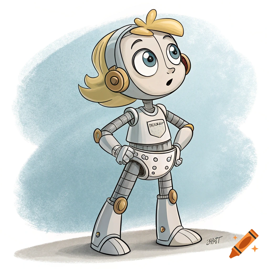 A full-body cartoon illustration of Jenny Wakeman, a robot girl with blonde hair and blue eyes, wearing a white diaper-like lower body, standing with hands on hips against a light blue background.