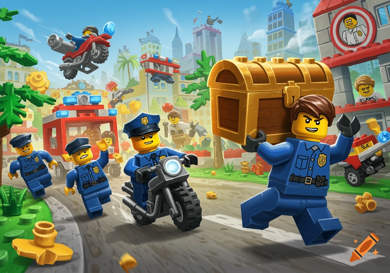 Lego police officers chase a Lego thief carrying a gold treasure chest through a vibrant Lego city.