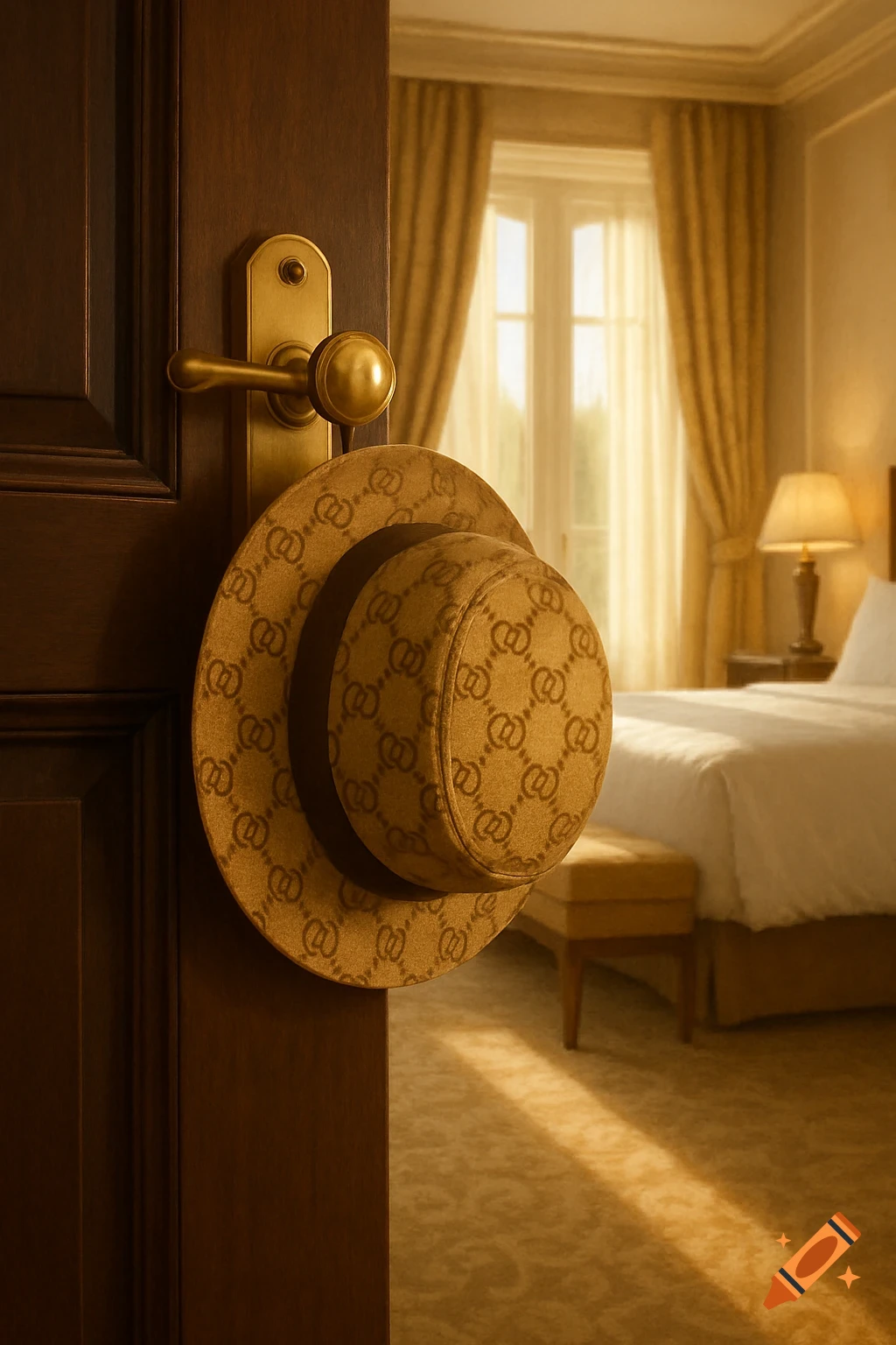 A luxury hotel room seen through an open wooden door, with a light brown hat with a repeating logo pattern hanging from the brass doorknob.