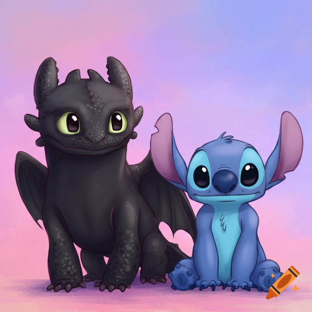 Cute cartoon Toothless and Stitch sitting side-by-side against a pink and purple gradient background.