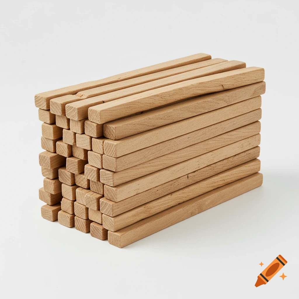 Stack of light brown wooden sticks on a white background.