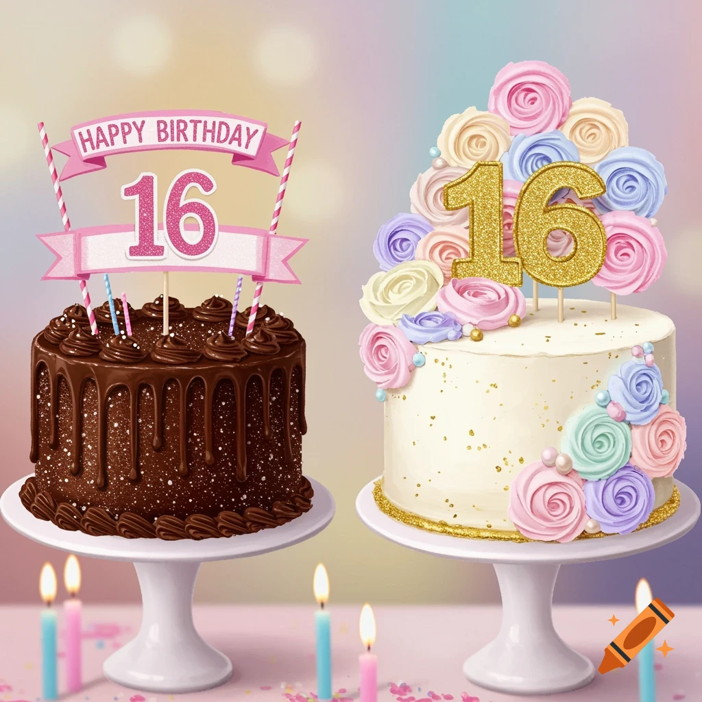 Two festive birthday cakes, one chocolate with 'Happy Birthday 16' topper and one white with gold '16' and pastel roses.