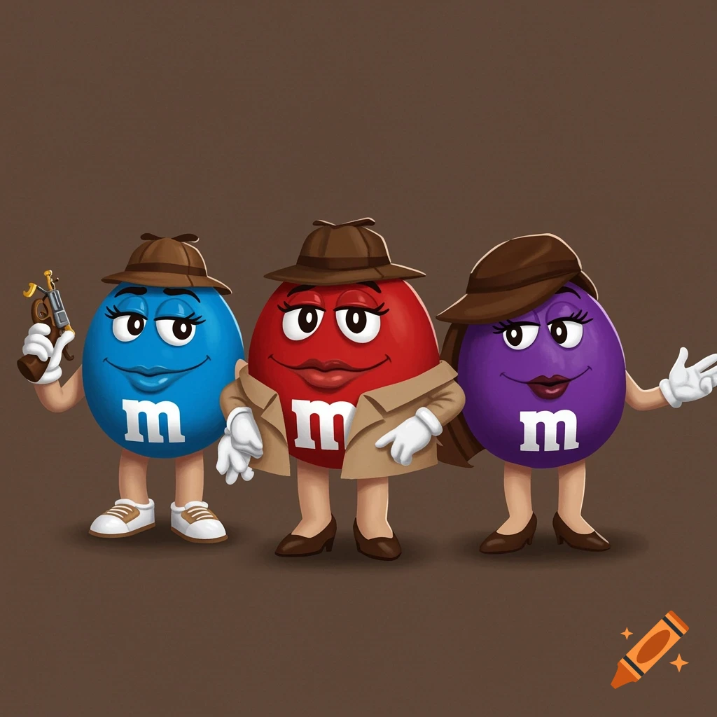 Three M&M's characters, blue and red dressed as detectives, and purple, standing against a brown background.