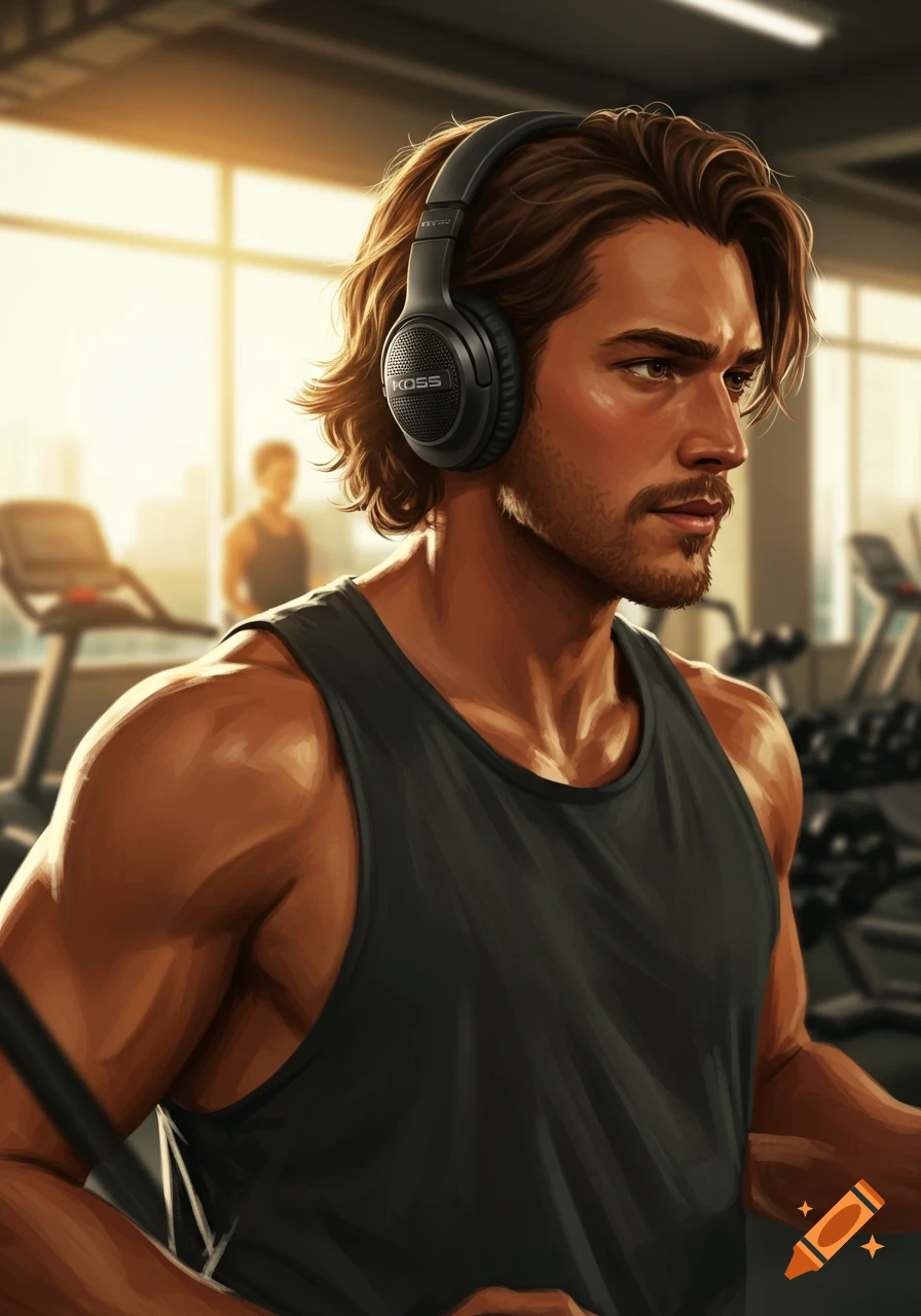 An illustrated man with long hair and a light beard wearing headphones and a black tank top in a gym.