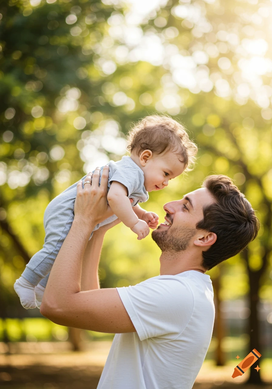 A smiling father holds his baby son up in the air outdoors, bathed in warm sunlight.