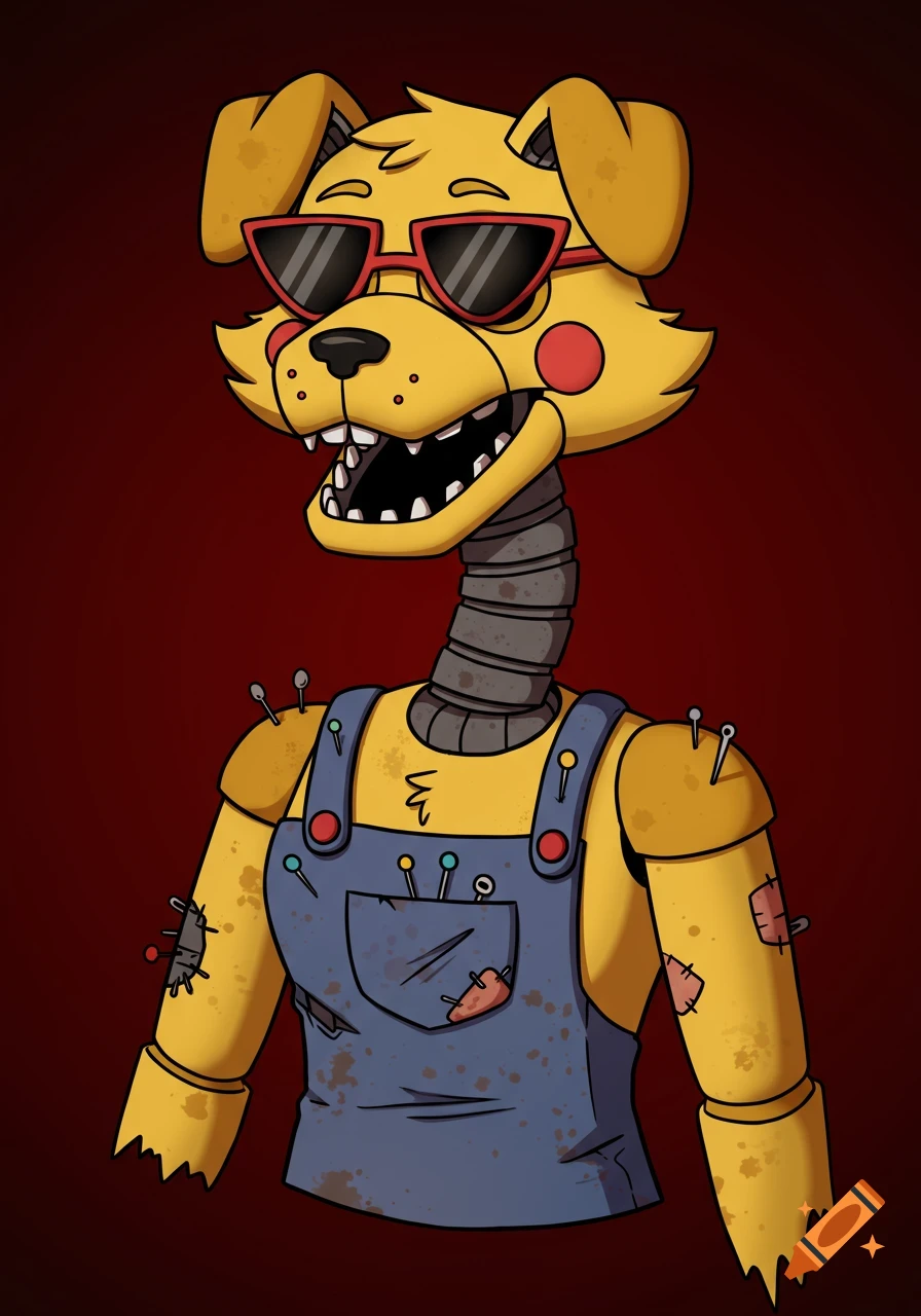 Cartoon illustration of a yellow animatronic dog wearing red sunglasses and blue overalls with pins and patches.