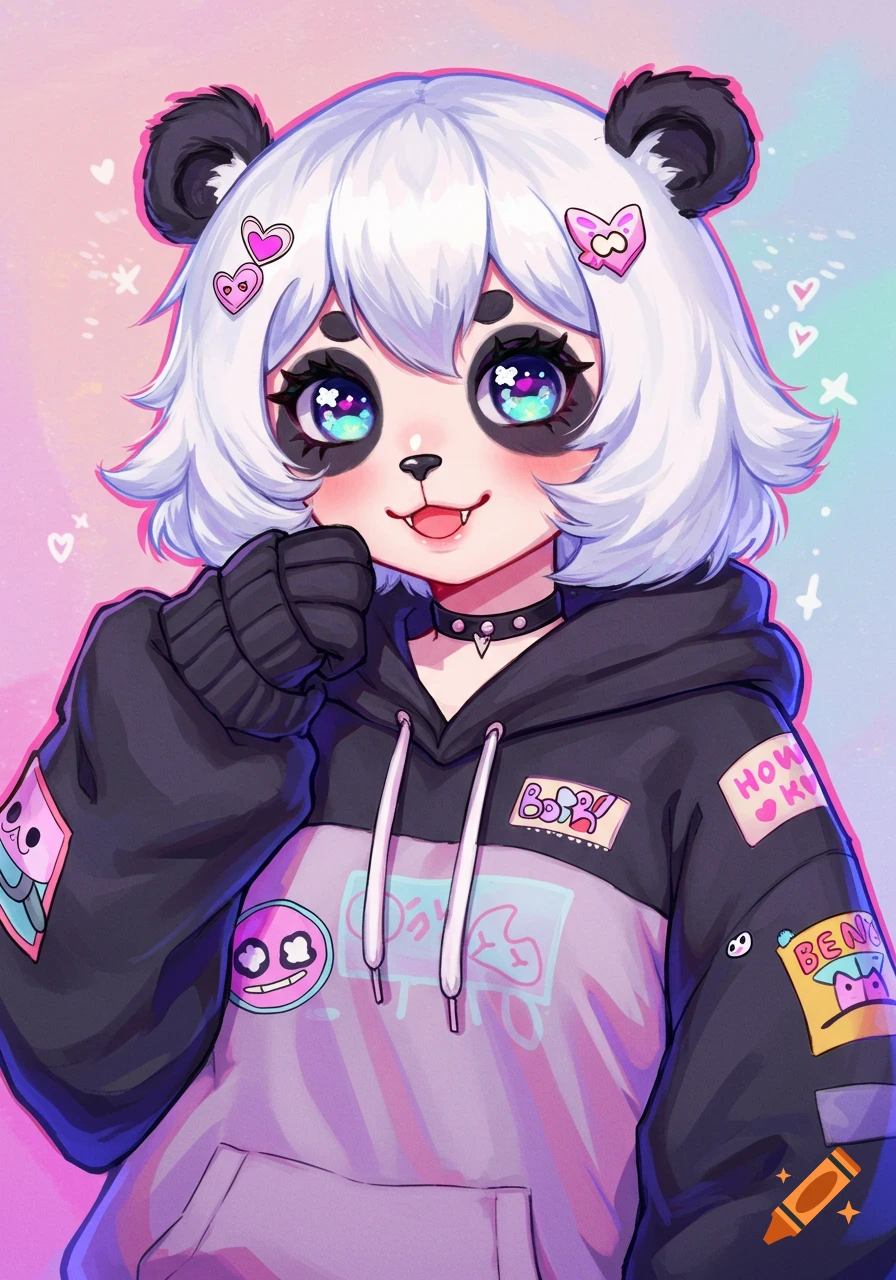 A cute anime-style panda girl with white fur, big colorful eyes, and white hair, wearing a black and lavender hoodie with colorful patches.