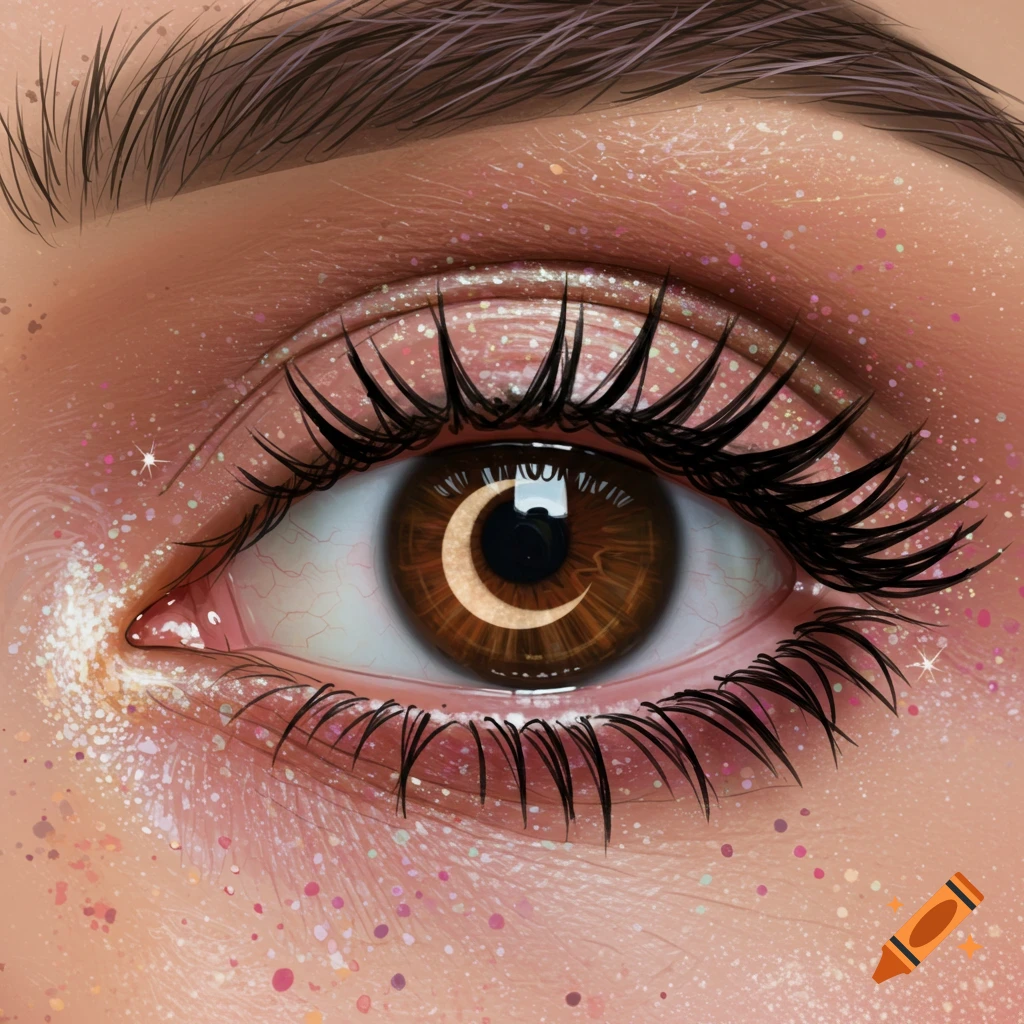 Close-up of a brown eye with long eyelashes, glittery pink makeup, and a golden crescent moon in the iris, digital art style.