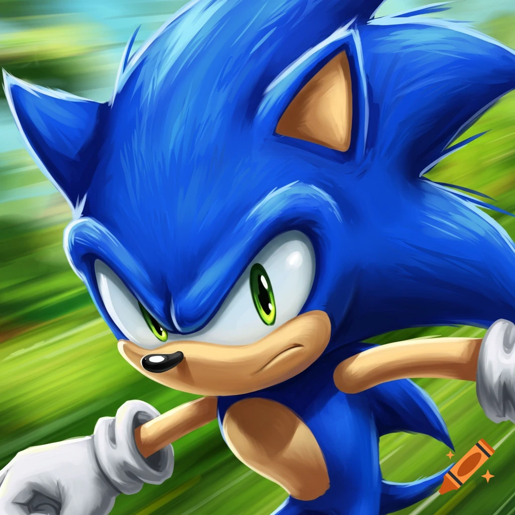 Close-up illustration of Sonic the Hedgehog running with a blurred green background.