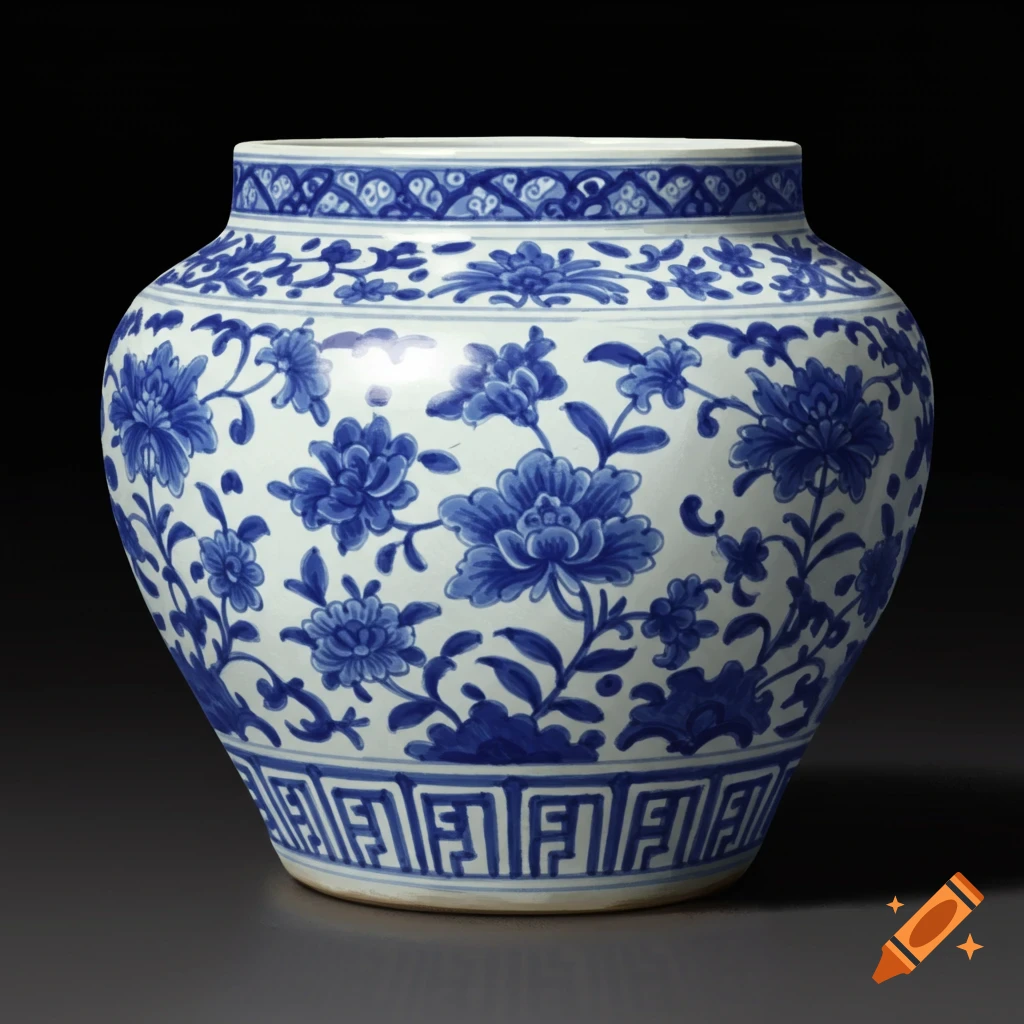 A traditional blue and white porcelain vase featuring intricate floral and geometric patterns against a dark background.