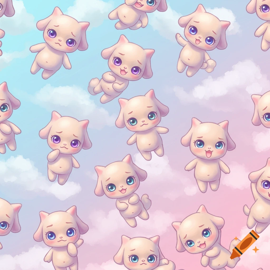 Seamless pattern of cute, stylized, light-colored creatures with large eyes floating in a pastel blue and pink sky with clouds