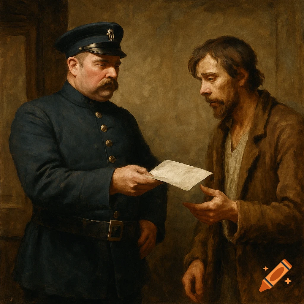 A classical painting depicts a uniformed constable handing papers to a man with a beard and a brown coat.