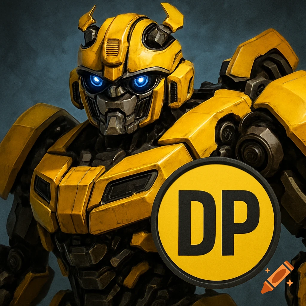 A detailed portrait of the yellow and black robot Bumblebee from Transformers, featuring glowing blue eyes and a circular yellow 'DP' logo on its right shoulder.