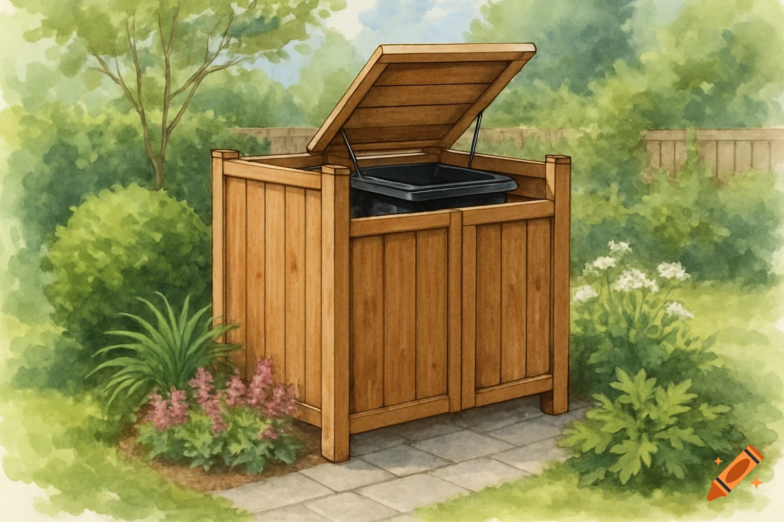 A watercolor illustration of a wooden outdoor trash bin enclosure with its lid open, set in a lush green garden.