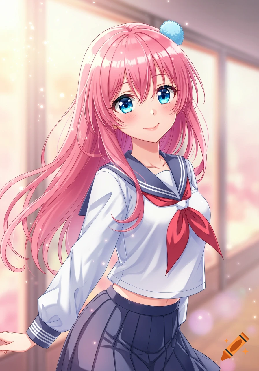 A smiling anime girl with pink hair and blue eyes, wearing a sailor ...