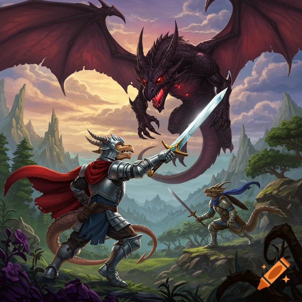Two armored dragon-like warriors confront a large black dragon in a fantasy landscape at sunset.