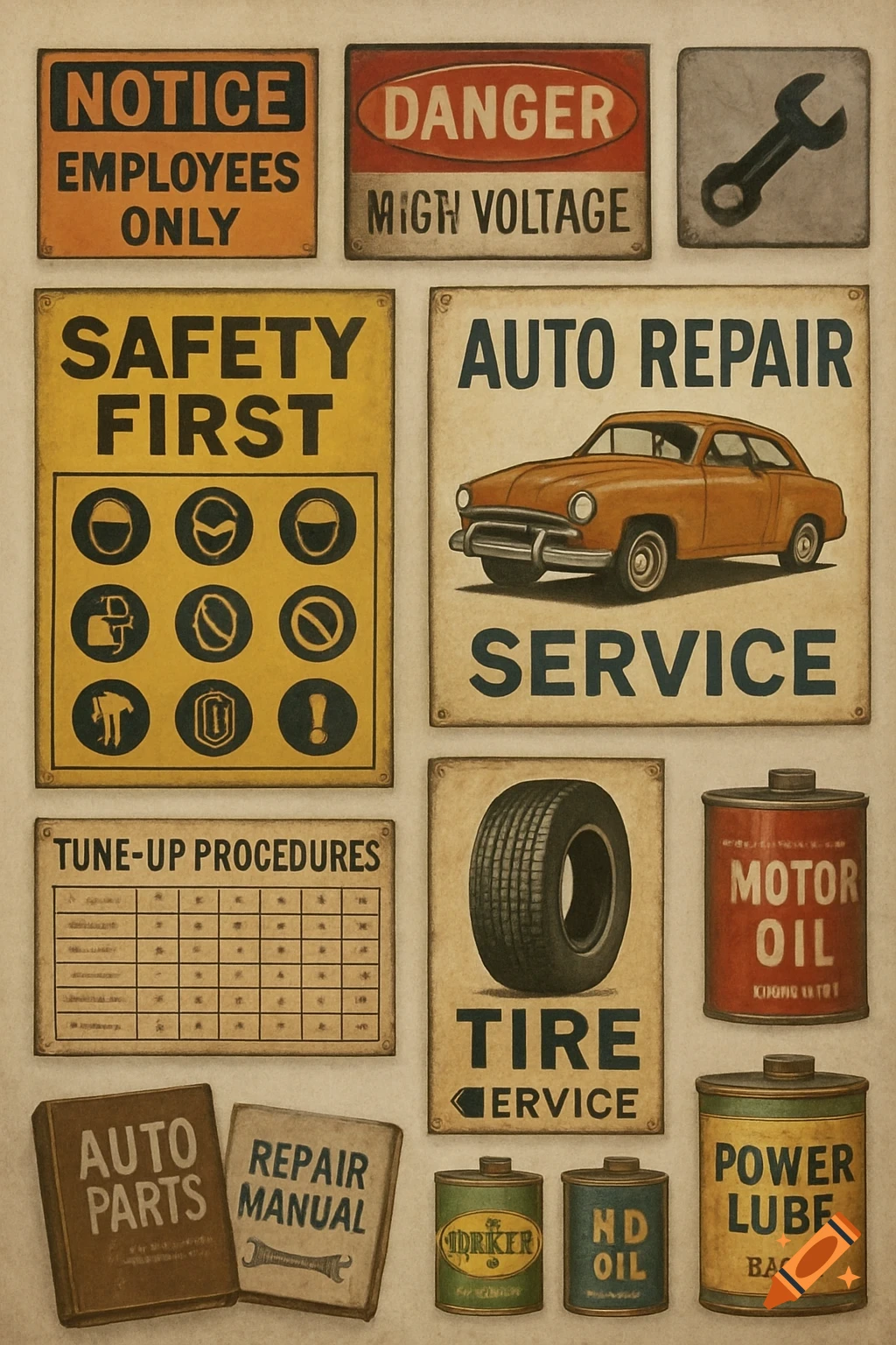 A collection of vintage-style mechanic workshop signs, including 'Notice Employees Only,' 'Safety First,' 'Auto Repair Service,' and various oil cans and repair items.