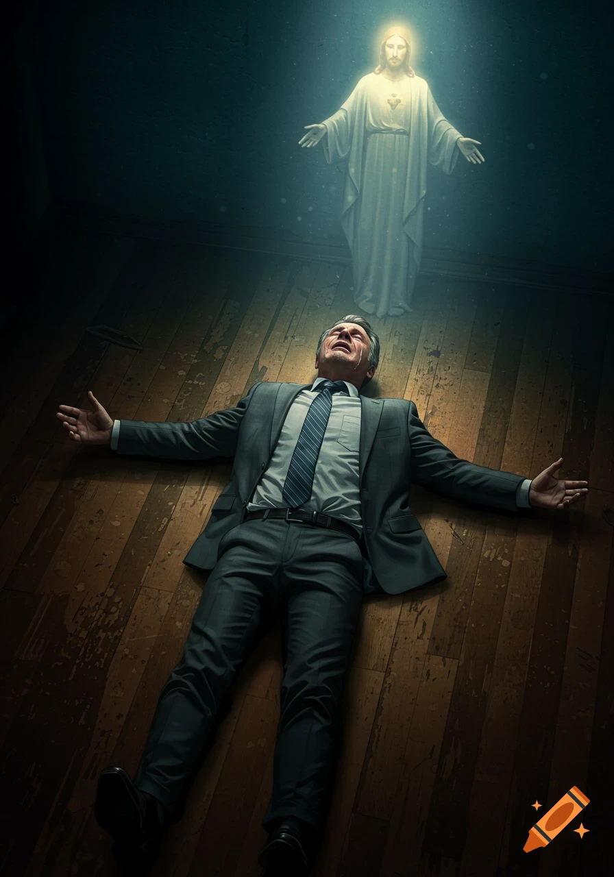 A man in a suit lies on a wooden floor, crying and looking up at a glowing, photorealistic depiction of Jesus.
