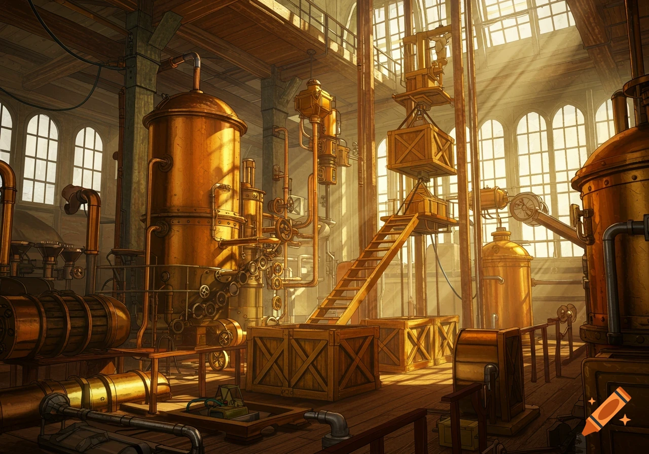 A bright steampunk factory interior with golden machinery, pipes, gears, and a hydraulic elevator lifting wooden crates.