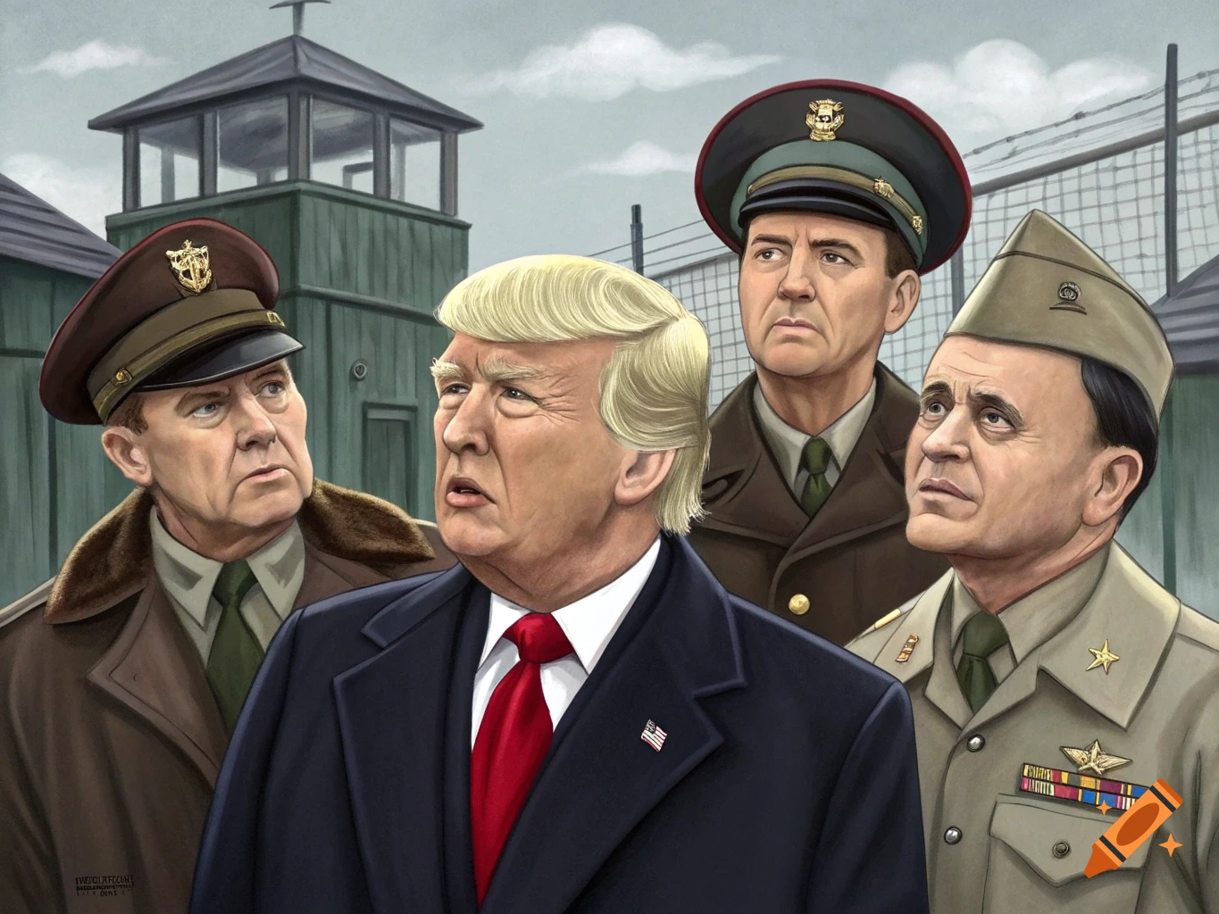 Caricature of Donald Trump in a suit with three men in military uniforms in front of a prison watchtower and barbed wire fence.