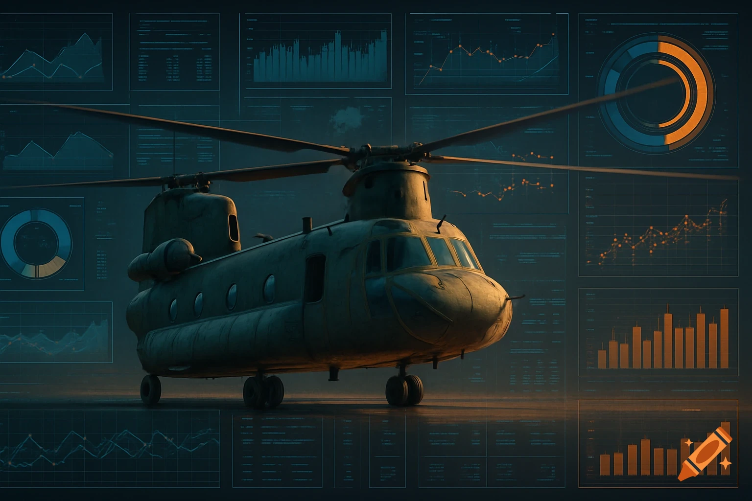 A photorealistic military Chinook helicopter sits on a runway with futuristic data dashboards and charts displayed in the background.