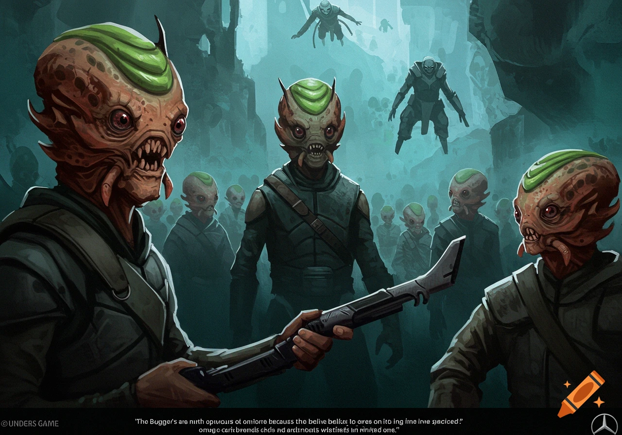 Brown and green alien creatures with weapons in a sci-fi setting, some flying in the background.