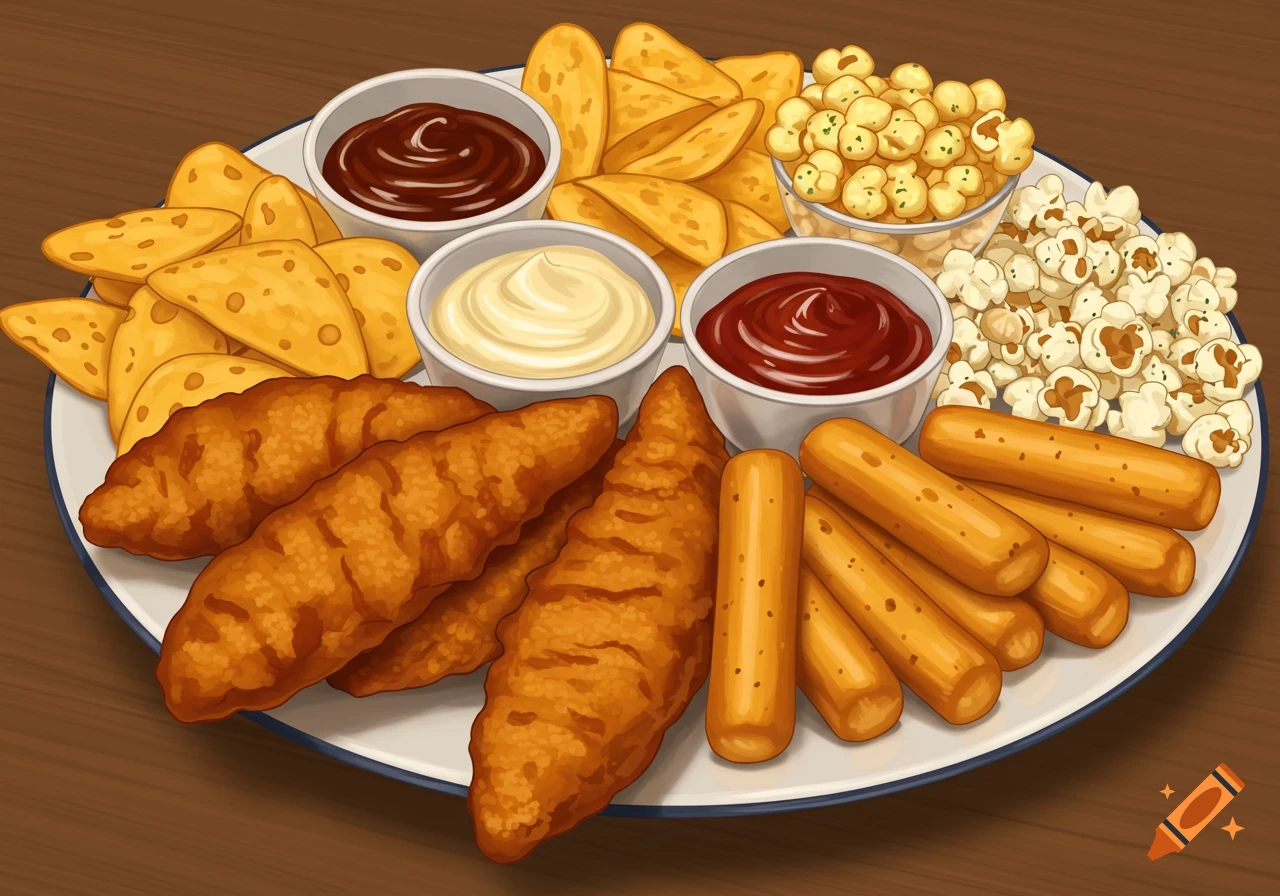 A stylized illustration of a large white platter filled with an assortment of snacks, including chicken tenders, corn chips, popcorn, and various dipping sauces like ketchup, mayonnaise, and barbecue sauce, all set on a wooden table.